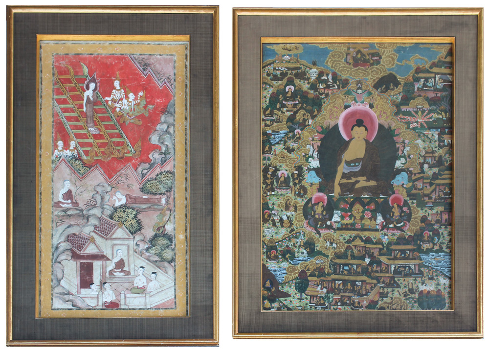 Appraisal: THANGKA STYLE PAINTINGS Several Deities in A Landscape View from