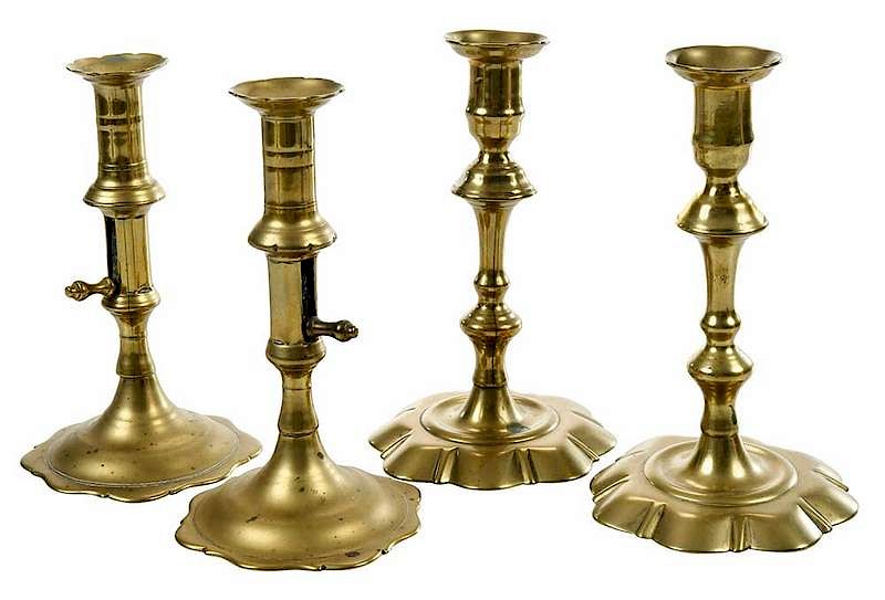 Appraisal: Two Pairs George III Brass Candlesticks British th century one