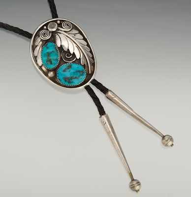 Appraisal: A Sterling Silver and Turquoise Bolo Tie Sterling silver oval