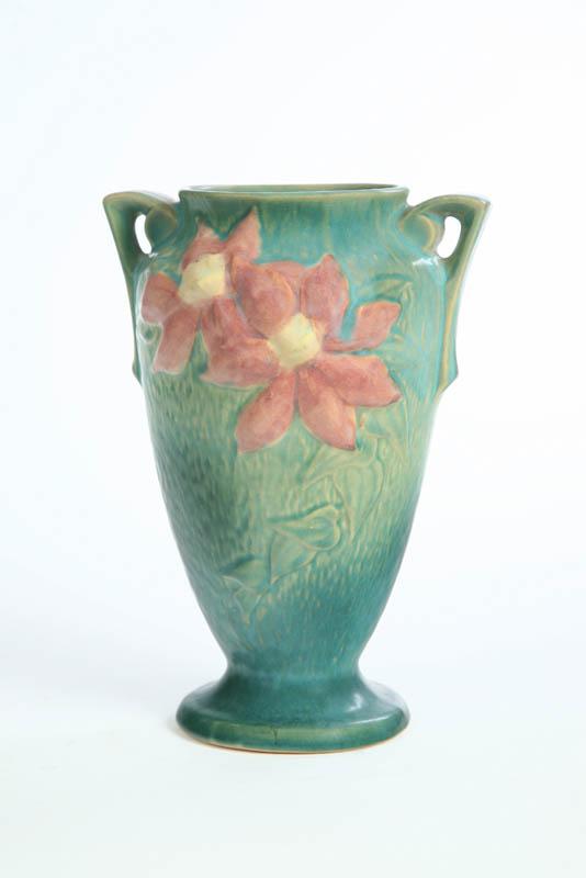 Appraisal: ROSEVILLE VASE Double handled vase with green ground in the