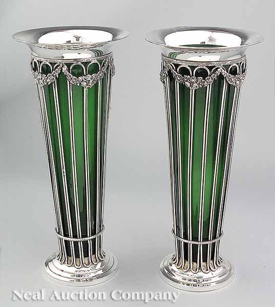 Appraisal: A Pair of English Silverplate Wirework Trumpet Vases with green