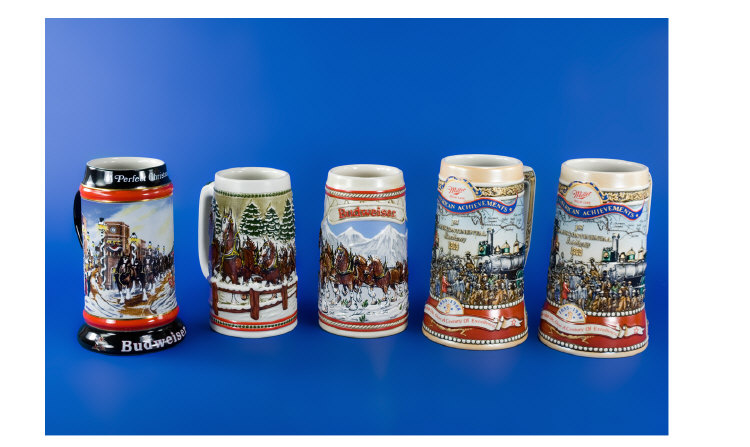 Appraisal: Collection Of Five Collectors Steins Budweiser And Miller Showing The