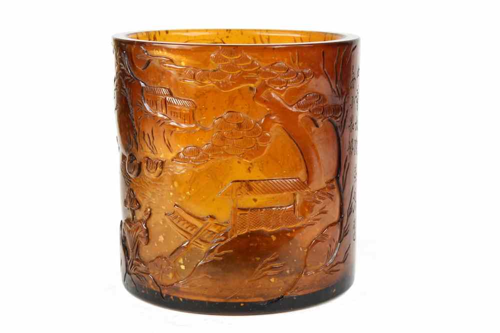 Appraisal: CHINESE GLASS BRUSH POT - Cast Amber Glass Brush Pot