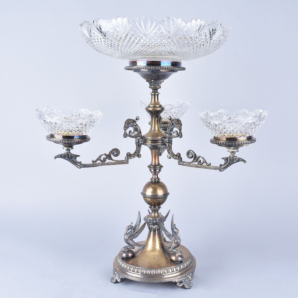 Appraisal: Victorian Silver Plate Epergne Victorian Silver Plate and Cut Glass