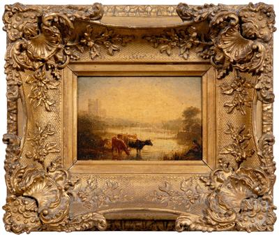 Appraisal: British School miniature painting landscape with cows in river at