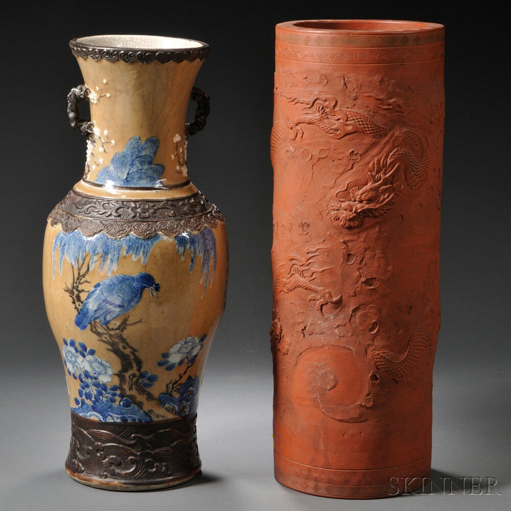 Appraisal: Two Pottery Items Asia a cylindrical bizan-ware umbrella stand with