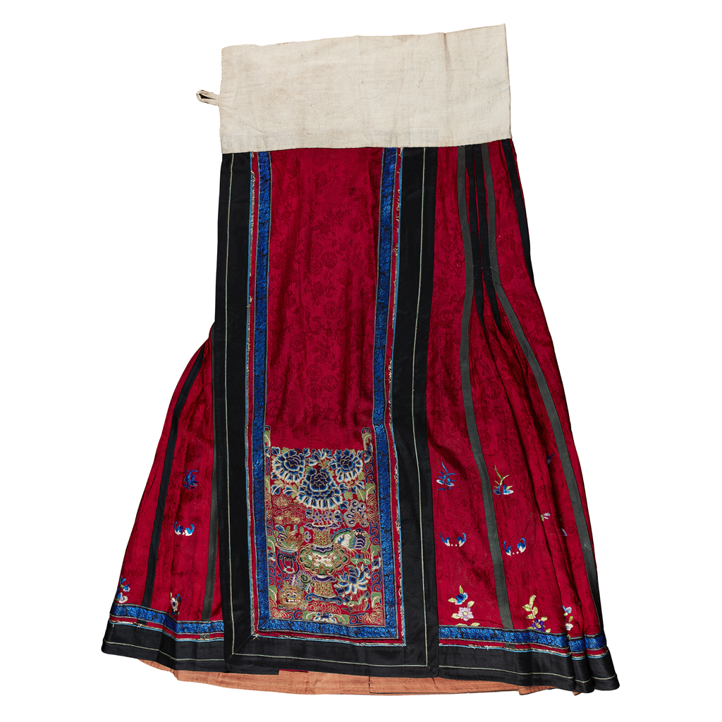 Appraisal: RED SILK DAMASK SKIRT QING DYNASTY TH CENTURY woven with