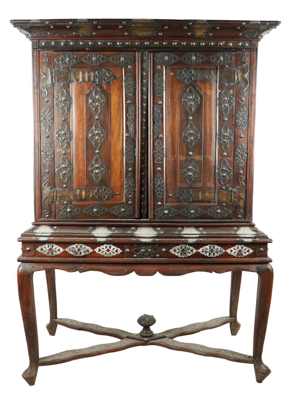 Appraisal: DUTCH COLONIAL METAL-MOUNTED CABINET ON STANDin two parts the upper