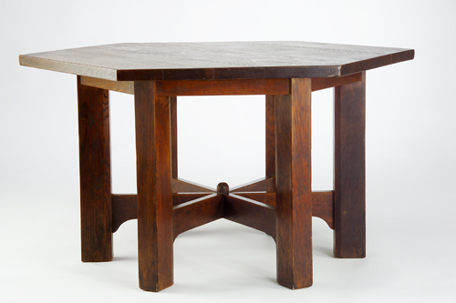 Appraisal: GUSTAV STICKLEY Library table no with hexagonal top over cloud-lift