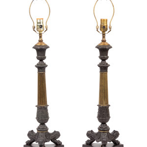 Appraisal: A Pair of Empire Style Bronze Candlesticks Mounted as Lamps