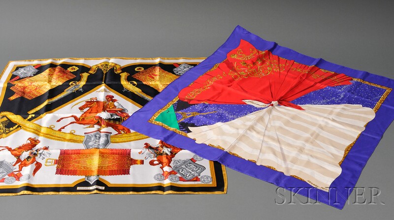 Appraisal: Two Silk Scarves Hermes one depicting sabers with figures on