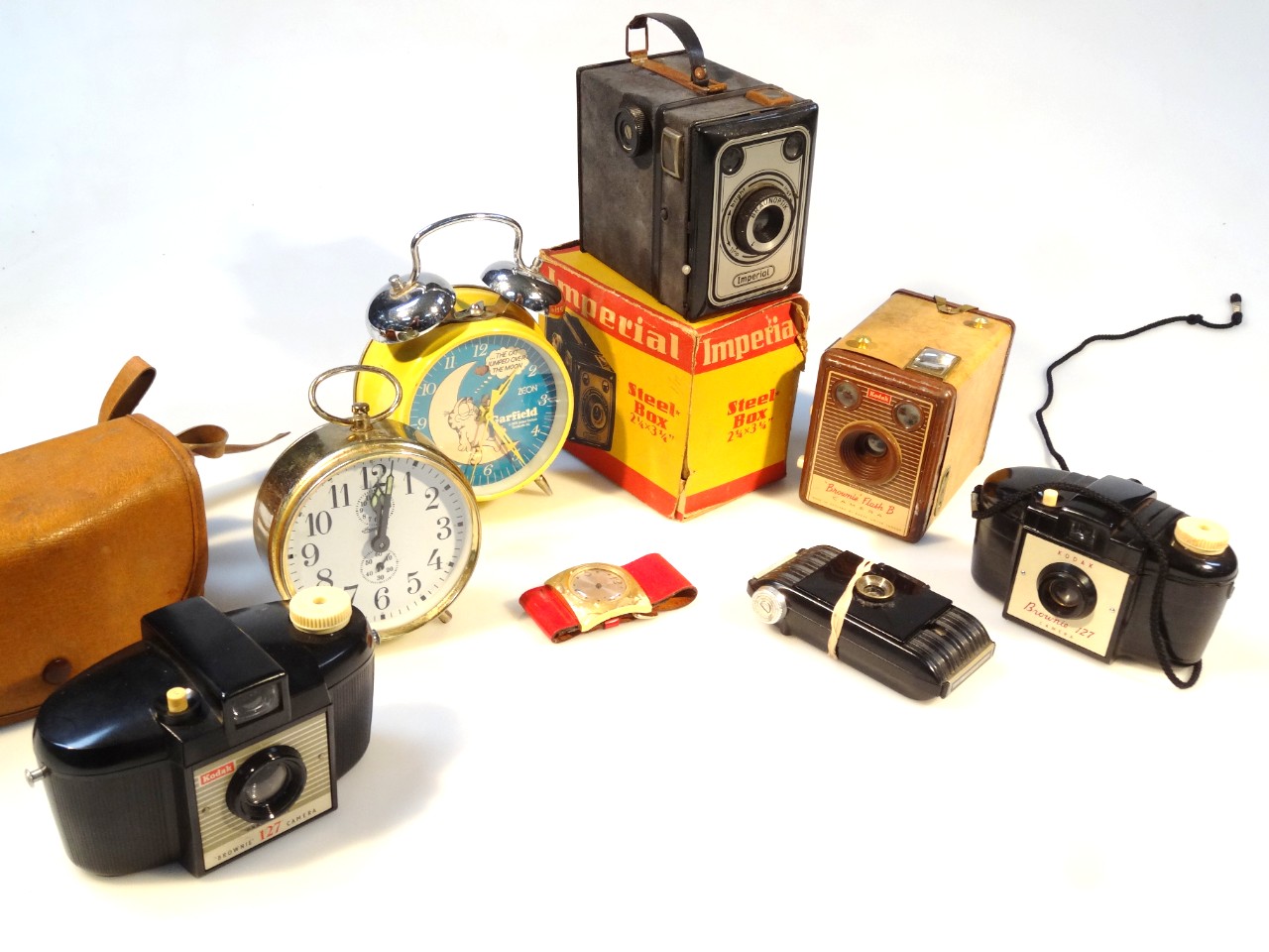 Appraisal: Various clocks watches cameras etc to include a Kodak Brownie