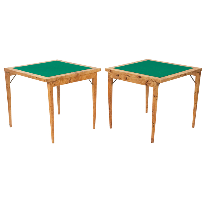 Appraisal: Tommaso Barbi folding game tables pair burled wood veneer green