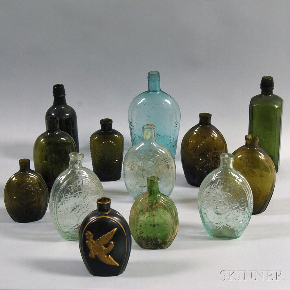 Appraisal: Thirteen Glass Flasks and Bottles including an olive green Keen