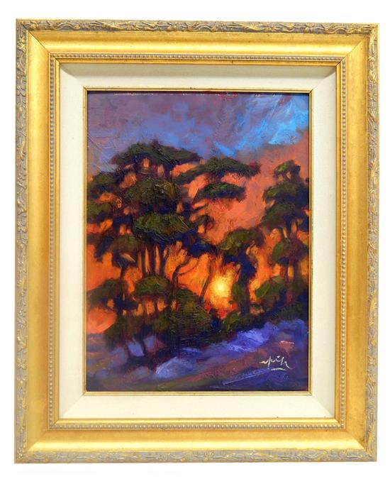 Appraisal: Oil on artist board depicting an exotic landscape at sunset