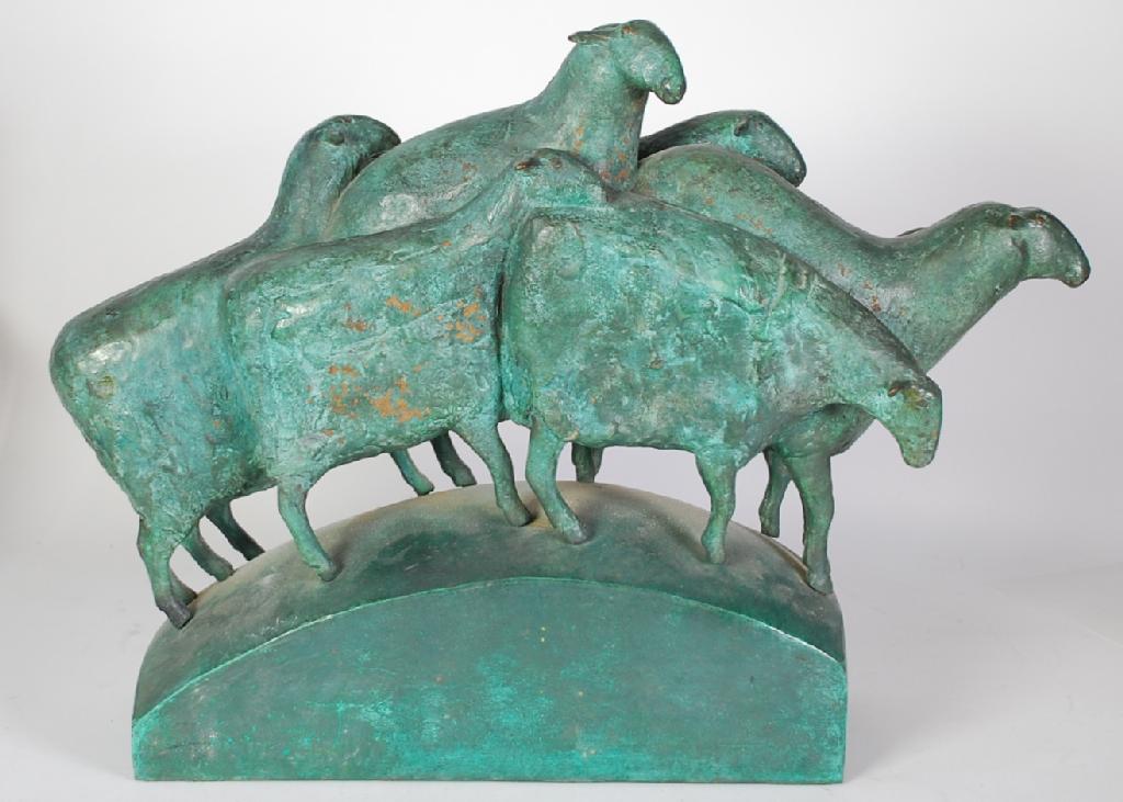 Appraisal: GILLIAN KNIGHT Contemporary BRONZE WITH VERDIGRIS PATINATION Eight sheep huddled