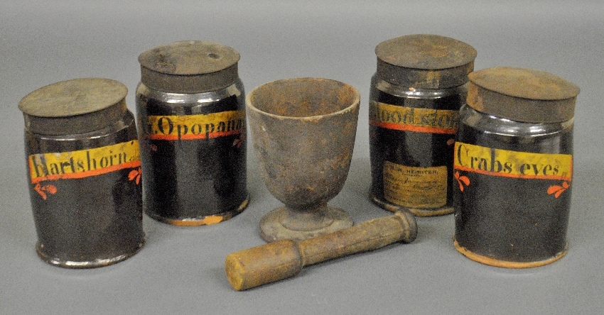 Appraisal: - Set of four redware apothecary jars with tin lids