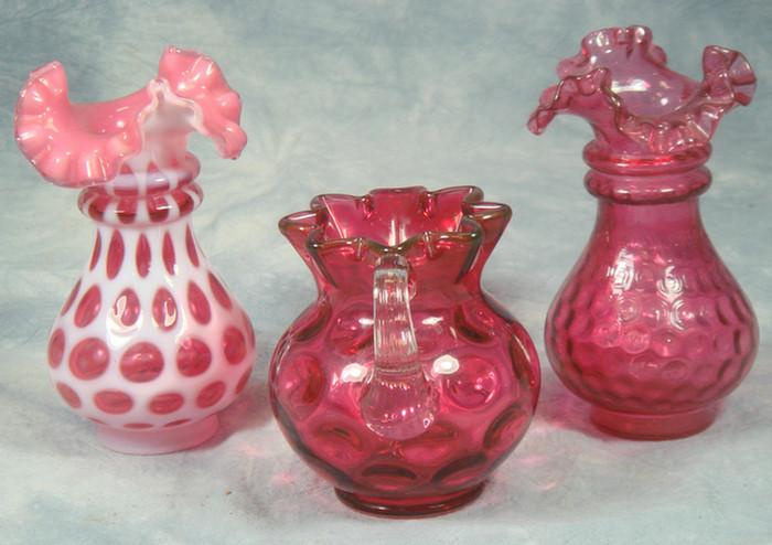 Appraisal: pcs thumbprint cranberry glass pitcher ruffled top vase tallest Estimate