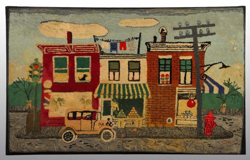 Appraisal: Early Folk Art Hook Rug with Laundry Scene Condition Very