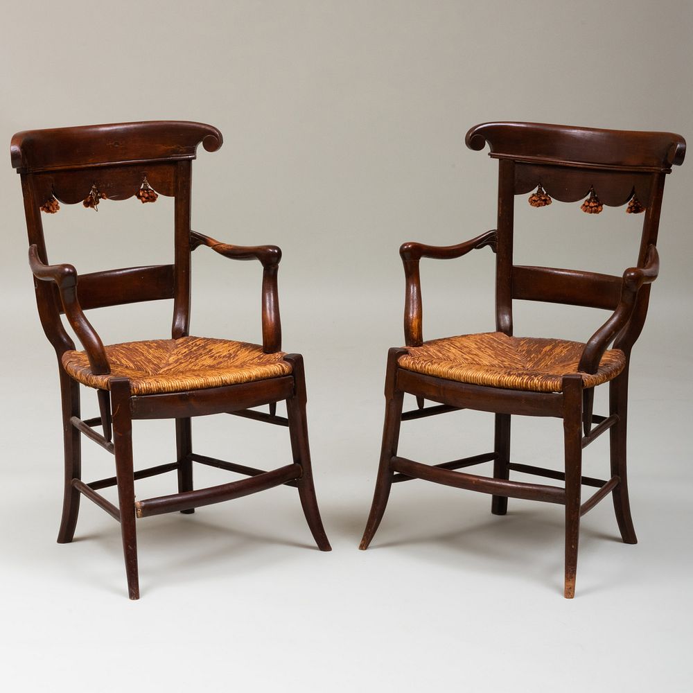 Appraisal: Pair of French Provincial Stained Fruitwood and Rush Armchairs x