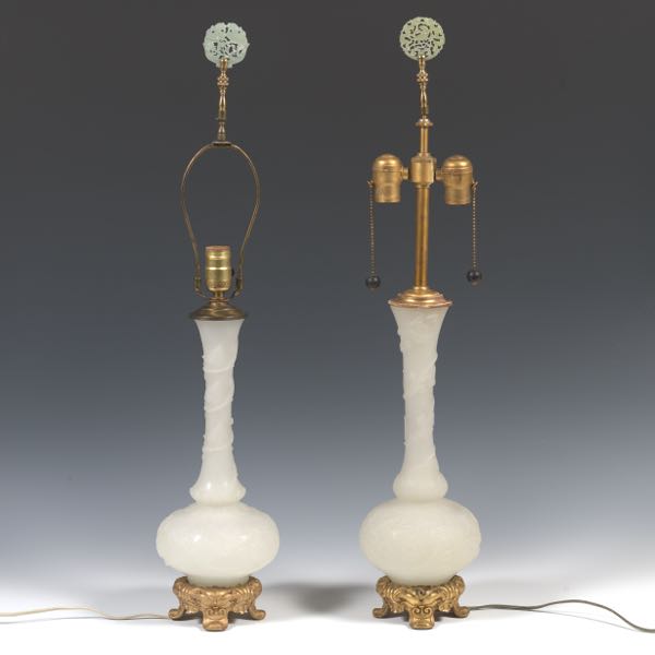 Appraisal: PAIR OF STUEBEN CAMEO CUT GLASS LAMPS from base to