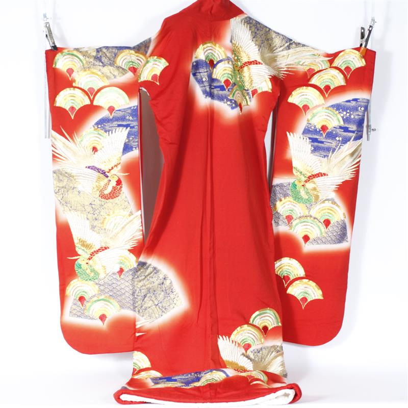 Appraisal: Red Japanese Polychrome Silk Embroidered Bridal Kimono with metallic thread