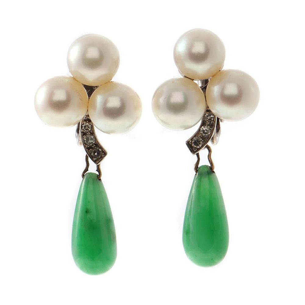 Appraisal: Pearl jade diamond k white gold clip earrings circa 's