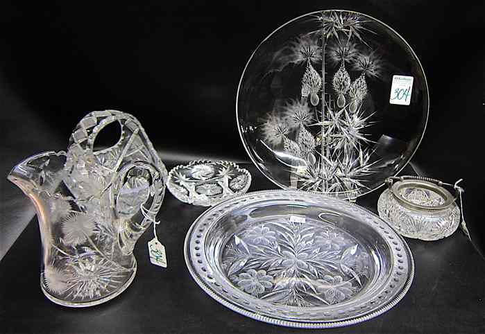 Appraisal: SIX CUT GLASS HOLLOWWARE PIECES large charger reverse wheel cut