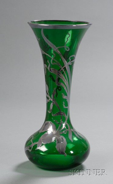 Appraisal: Silver Overlay Vase Glass and silver Early th century Green