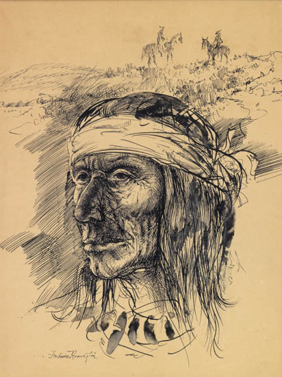 Appraisal: FREDERICK REMINGTON Portrait of a Native American Pen and ink