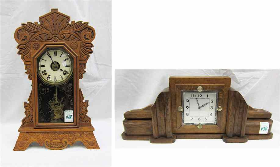 Appraisal: TWO OAK CASED MANTEL CLOCKS American kitchen clock with time