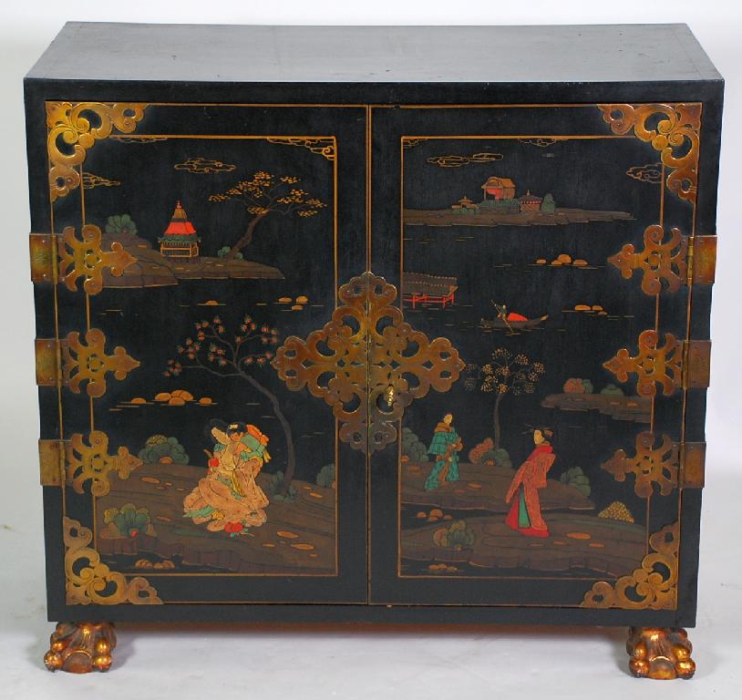 Appraisal: PRE-WAR JAPANESE BLACK LACQUERED SIDE CABINET the oblong top above