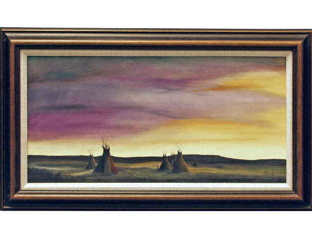 Appraisal: Well accomplished oil on canvas of teepee scene at sunset