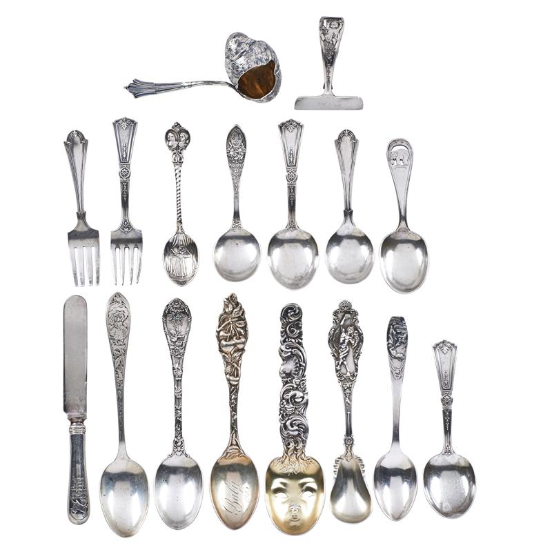 Appraisal: SILVER CHILDREN'S UTENSILS Sixteen Including Sterling figural bird medicine spoon