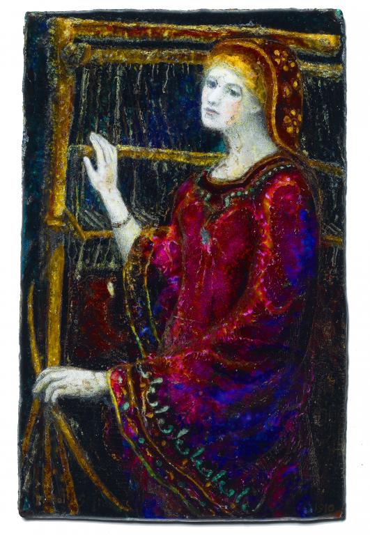 Appraisal: A PAINTED ENAMEL PLAQUE OF THE LADY OF SHALOTT BY