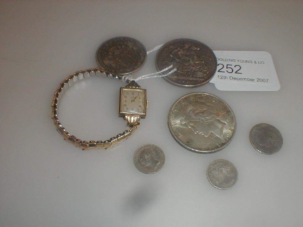 Appraisal: Commemorative coins and a 's style rectangular dial ladies gold