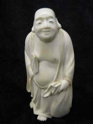 Appraisal: Carved Ivory Figurine of a Buddha with fan sack inlaid