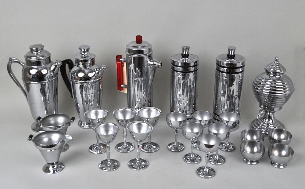 Appraisal: MCM Chrome Cocktail Service Group pieces mostly Chase Largest high