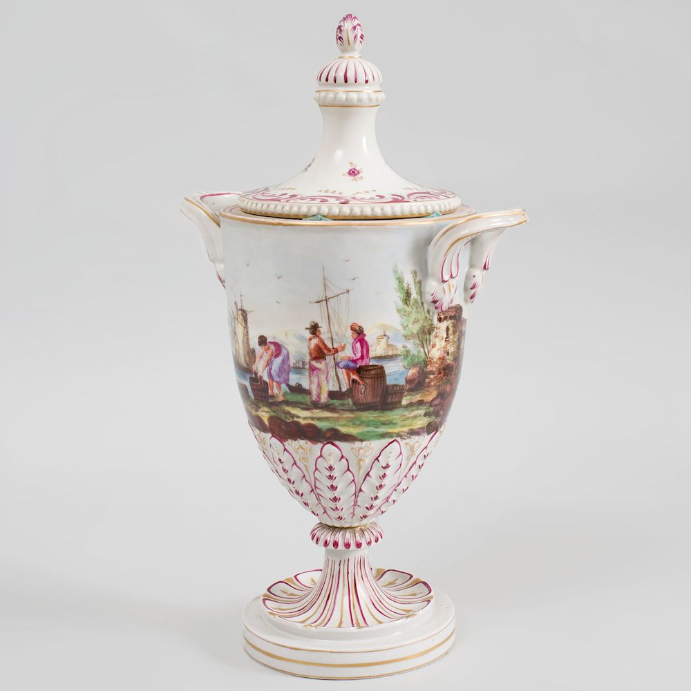 Appraisal: Continental Porcelain Two Handled Vase and Cover with Waterside Scene