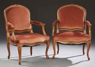 Appraisal: Pair of French Louis XV Style Carved Walnut Fauteu Pair