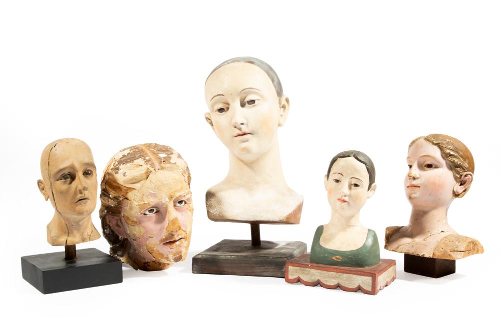 Appraisal: Five Painted Santos Heads incl wood papier mache and plastic