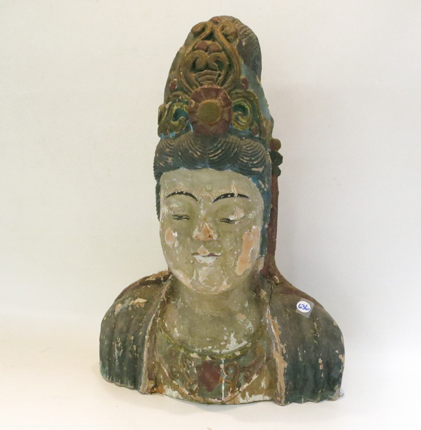 Appraisal: CARVED AND PAINTED WOOD BUST DEPICTING QUAN YIN with large