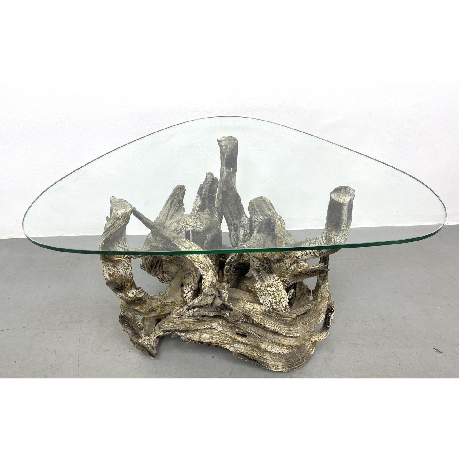 Appraisal: Natural Organic Driftwood Occasional Center Table Painted Finish Triangular Glass