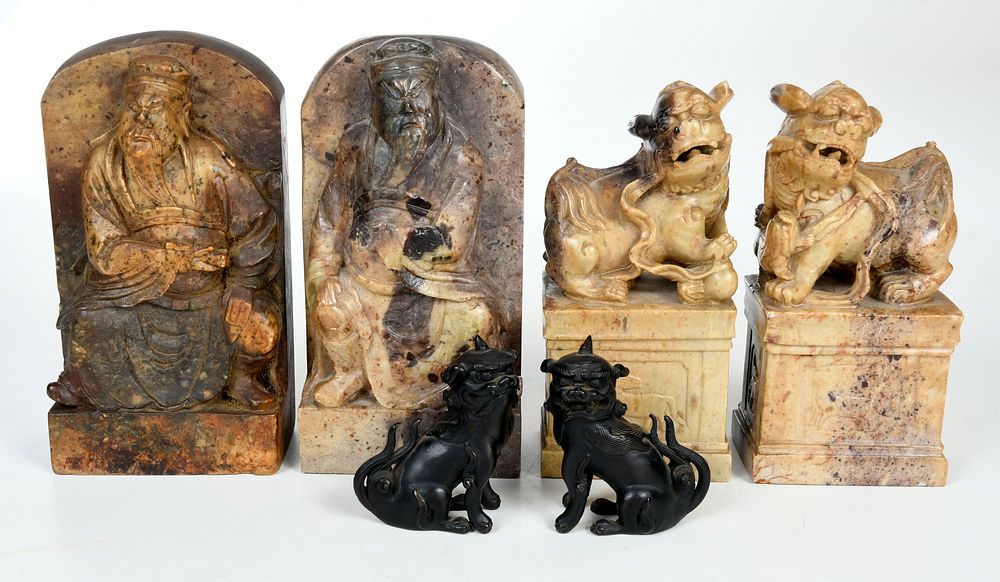 Appraisal: Two Pairs Soapstone Bookends Pair Bronze Foo Lions Asian th