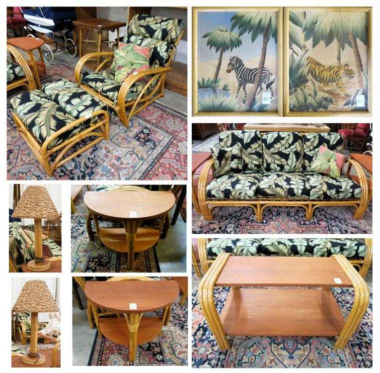 Appraisal: SIX-PIECE MID-CENTURY MODERN RATTAN FURNITURE SET AND TWO ARTWORKS AND