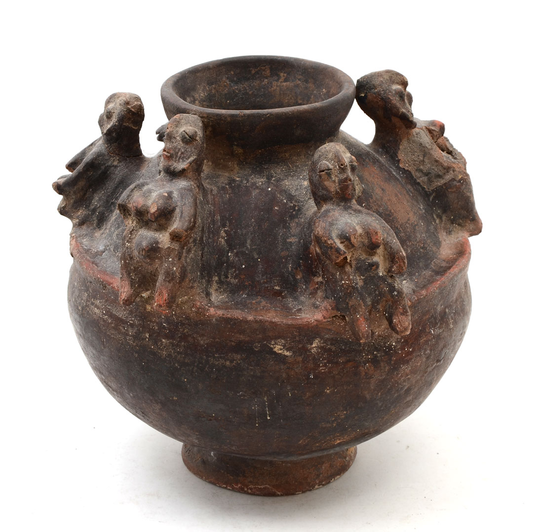 Appraisal: AFRICAN TERRACOTTA FIGURAL VESSEL Terracotta or earthenware pot with human