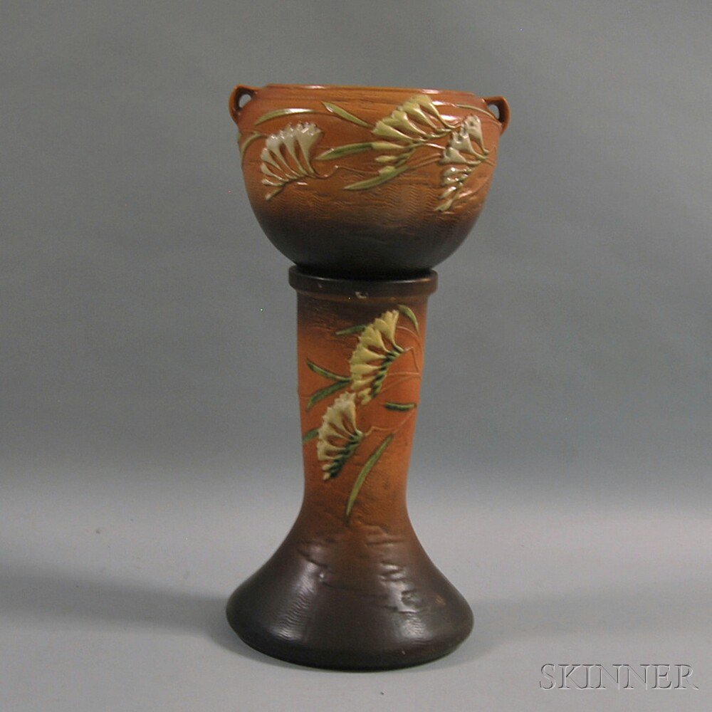 Appraisal: Roseville Pottery Freesia Pattern Jardiniere on Pedestal ht dia in