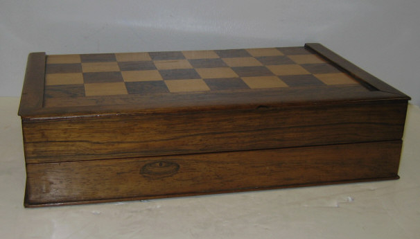 Appraisal: ENGLISH WOOD HINGED GAME BOX Rectangular inlay chess board outside