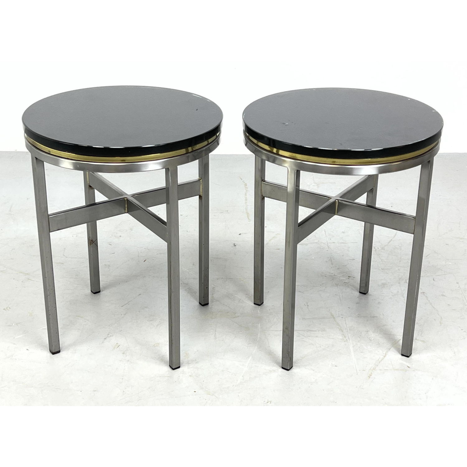 Appraisal: Pr DIA Style Steel base round end tables with thick