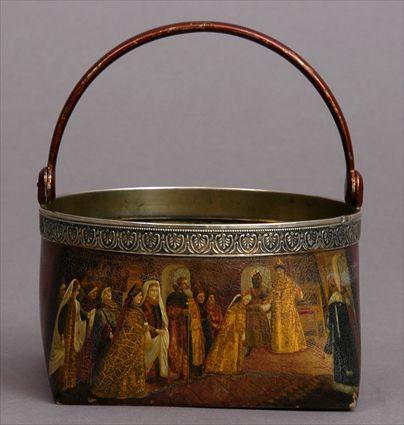 Appraisal: RUSSIAN PAINTED ENAMEL AND SILVER BASKET Impressed to right of